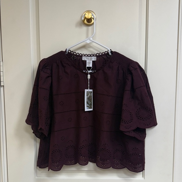 Caroline Constas Burgundy Eyelet Blouse - Picture 1 of 15